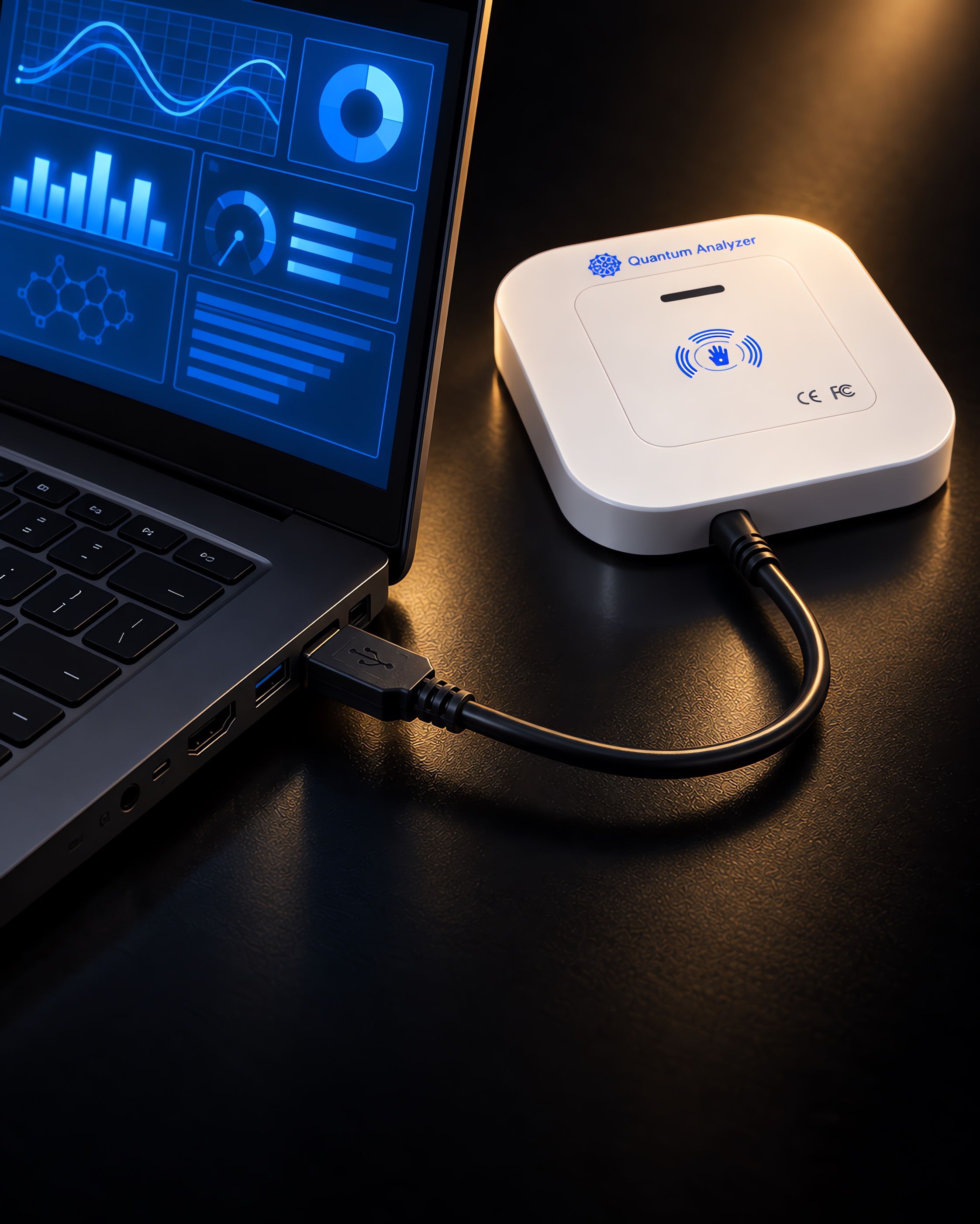 Quantum Analyzer kablosunun USB ucu dizüstü bilgisayarın yan girişinde; kablonun öbür ucunda beyaz temas paneli, solda mavi grafikli ekran.