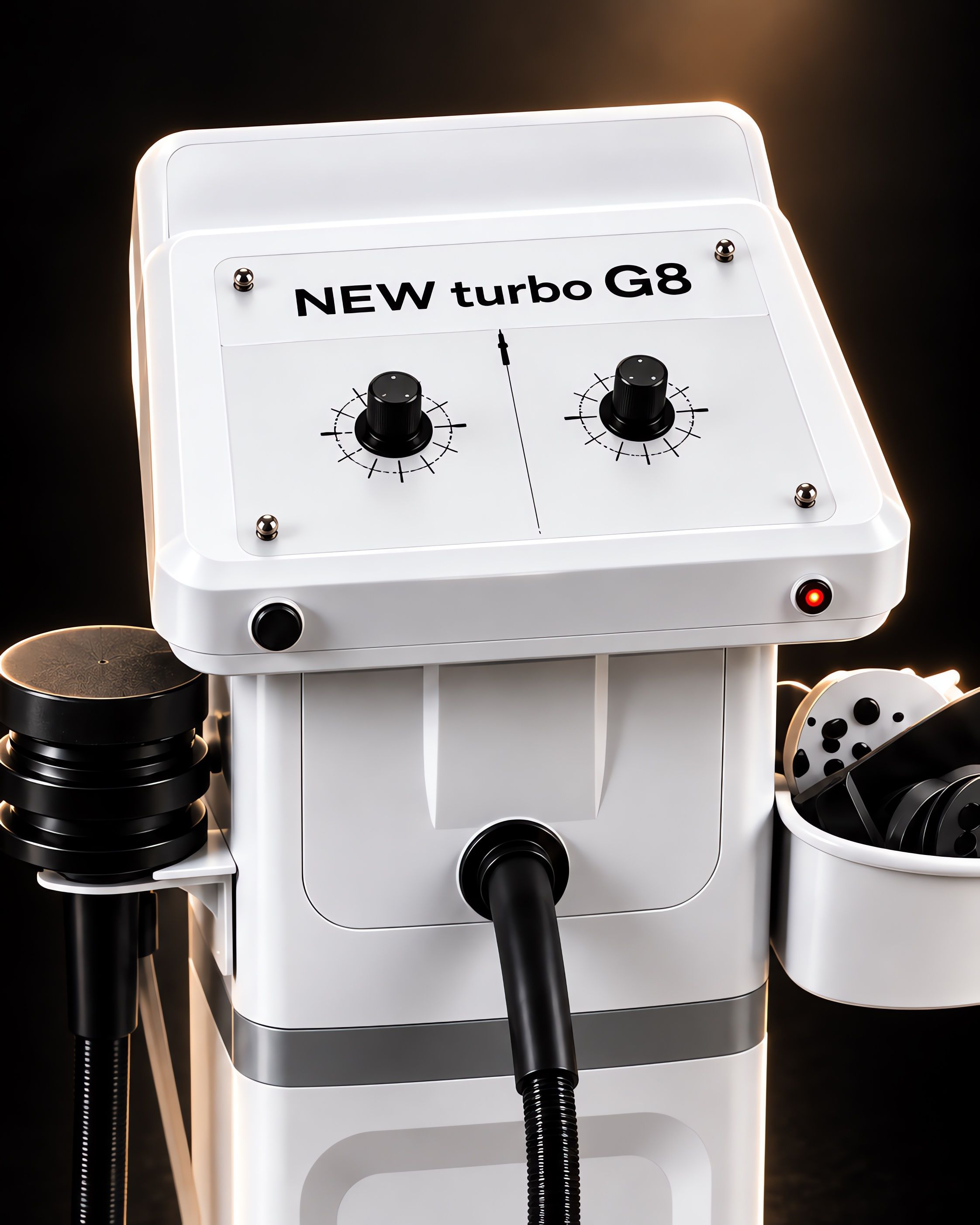 NEW turbo G8 yazılı beyaz kontrol panelinde iki ayar düğmesi ve kırmızı gösterge ışığı.