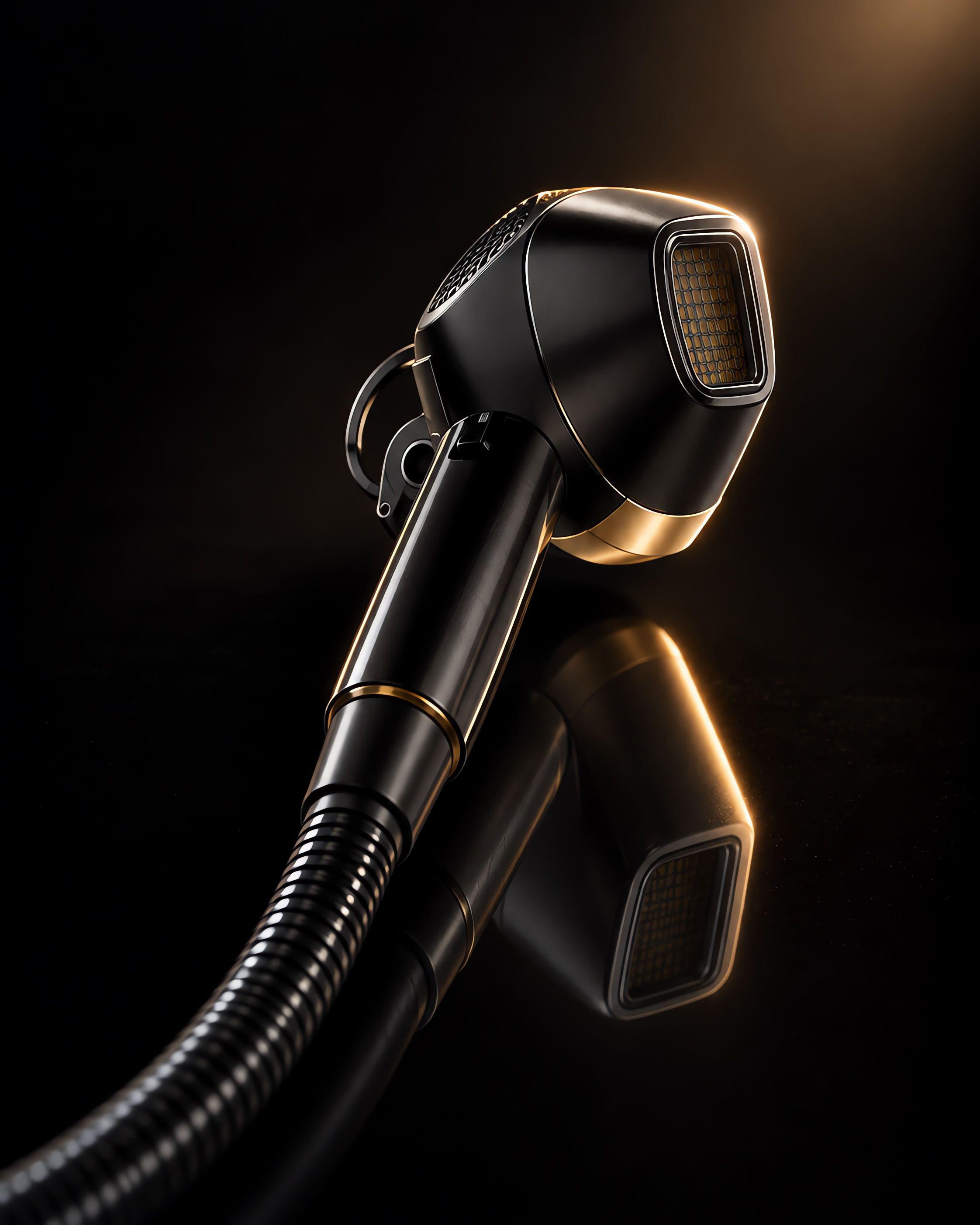 Meta Pro Diode'un siyah el başlığı siyah cam yüzeyde; altın çerçeveli uygulama penceresi kameraya dönük.